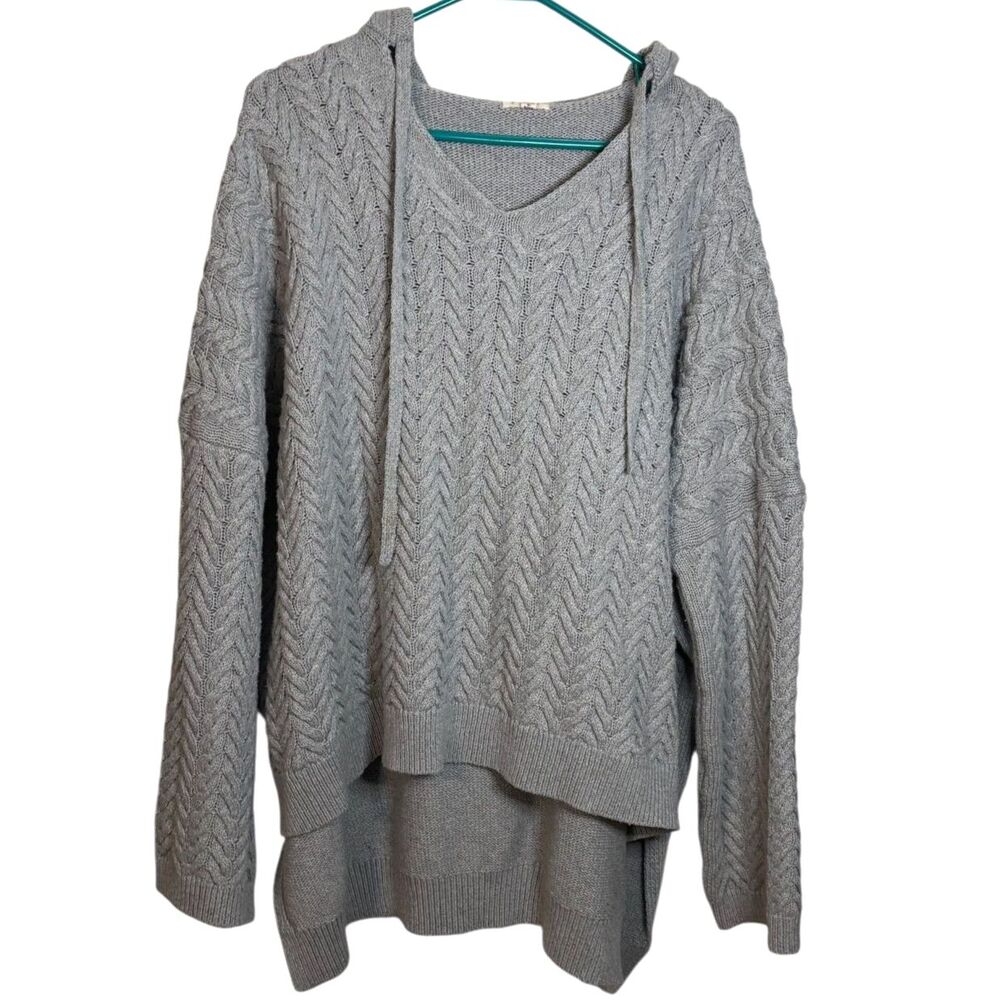 POL Gray Cable Knit Hooded Sweater High Low Oversized Cozy Boho Womens L